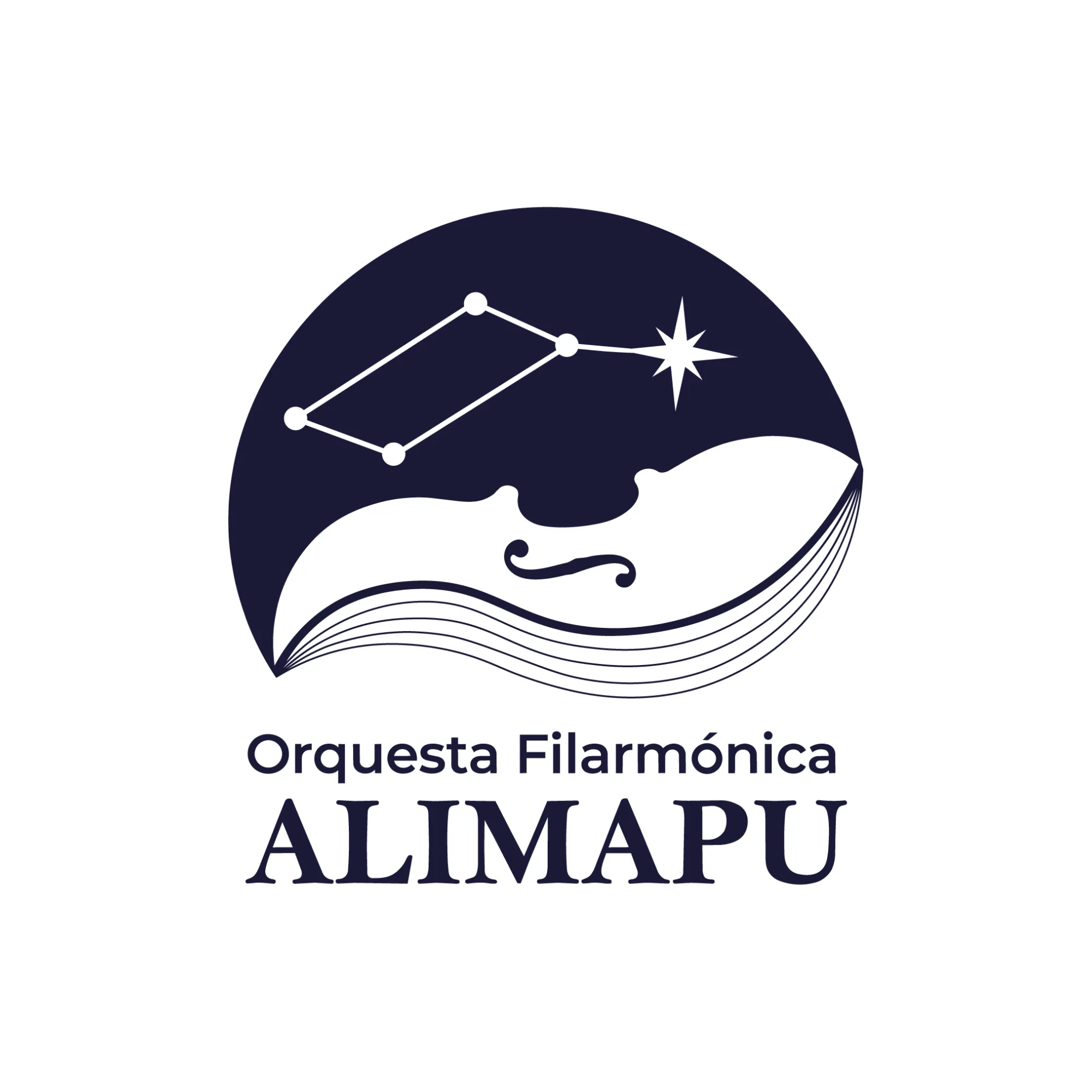 nuevo logo de Orquesta Filarmonica Alimapu. Fondo blanco logo circular donde aparece en la parte superior una lira realizada de estrellas, abajo un cuerpo de violonchelo cerrando el círculo con un pentagrama. Todo el color azul